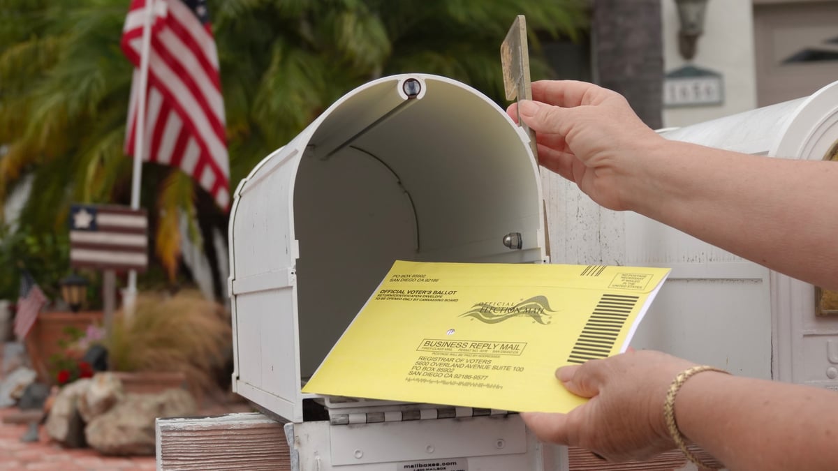Close up of an American mailbox with flags in the background, older woman's hands returning mail-in election ballot.