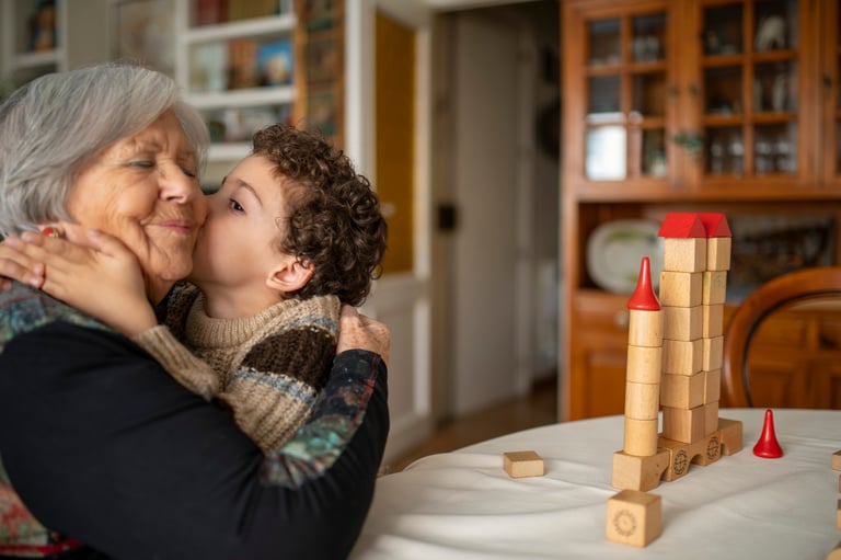 Adult daughter with older mother sitting together with their pet, warm candid family moment