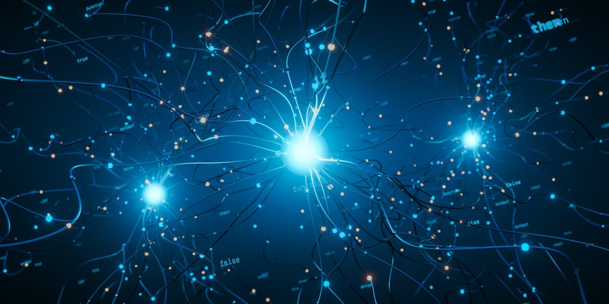 Abstract AI brain network illustration with glowing nodes, connections, and code words. Conceptual data flow.
