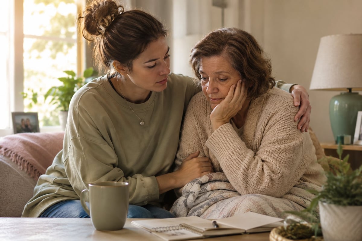 Two women sitting on a couch in a bright living room. One woman in an olive shirt comforts another in a cream cardigan who appears distressed.