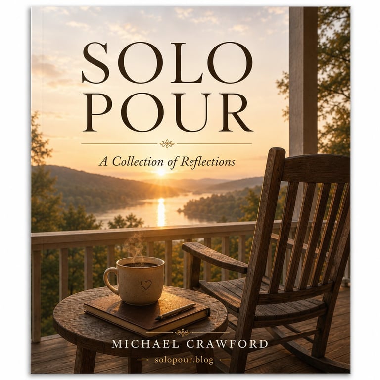 Book cover of Solo Pour by Michael Crawford showing a wooden chair, coffee cup, and sunrise over a lake from a deck overlooking mountains