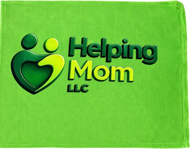 Helping Mom LLC logo on green fabric background with stylized heart and figures design