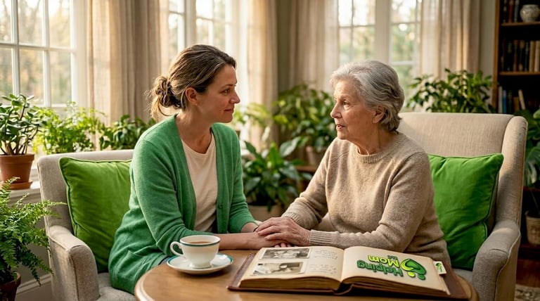 Young woman in green cardigan and older woman with gray hair sitting on beige armchairs facing each other, looking at a photo album together in a bright living room with potted plants and windows.