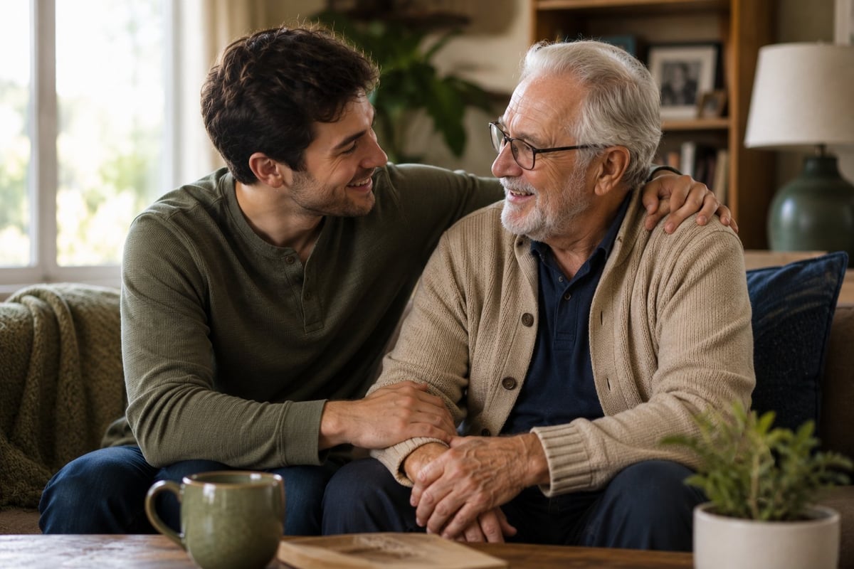 A younger man in an olive shirt listens to an older man in a beige cardigan on a couch in a living room