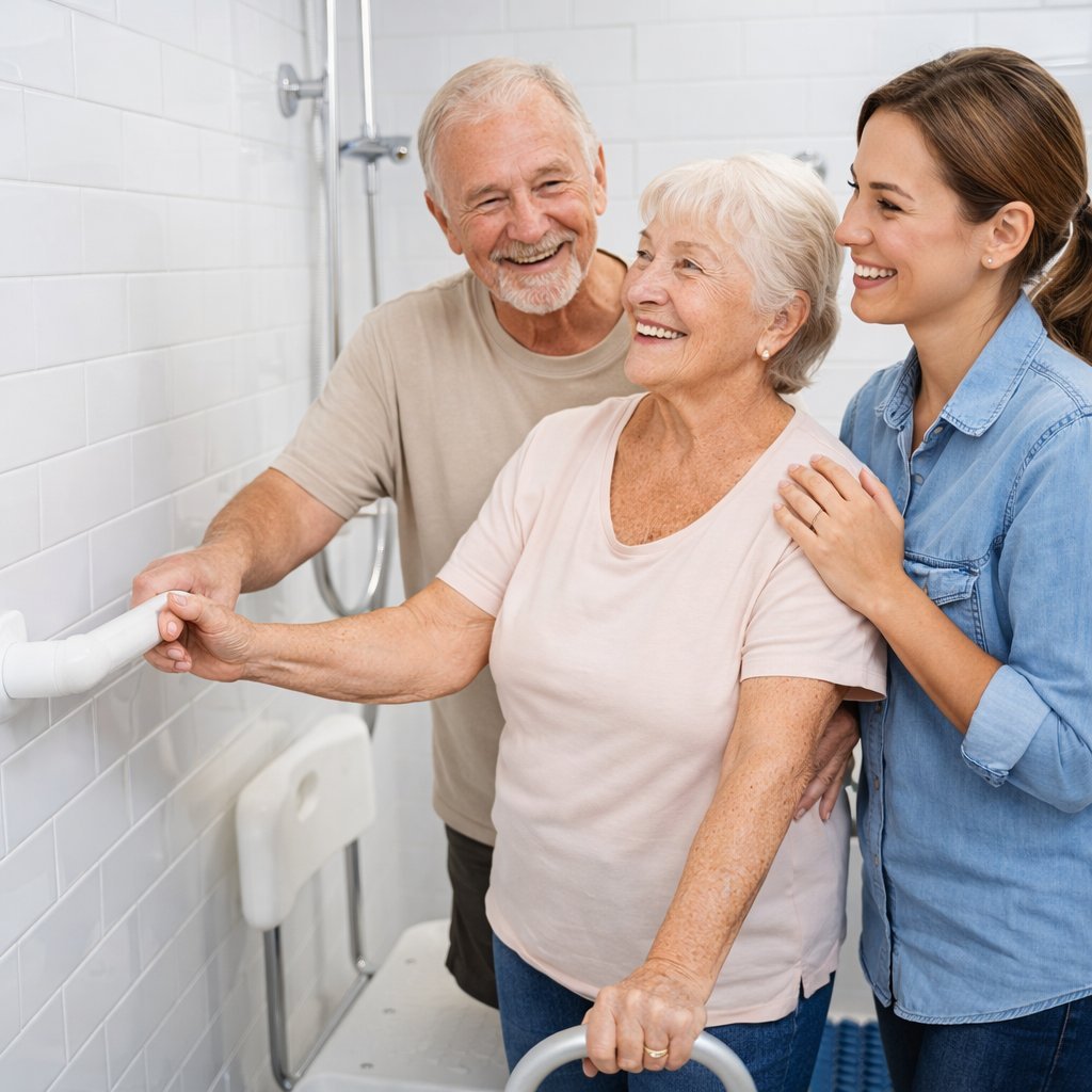 Caregiver assisting elderly couple in bathroom near safety grab bar and shower fixture